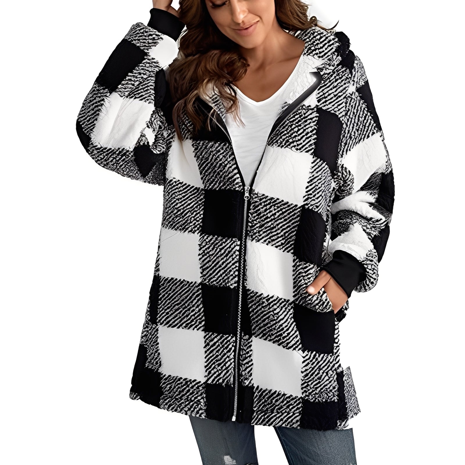 Madison Plaid Hoodie Jacket for Women – Soft and Warm Coat with Comfortable Fit and Trendy Plaid Design