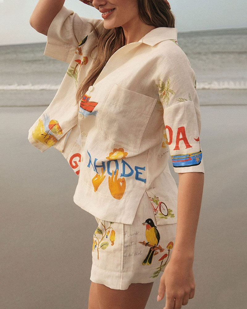 Completo in lino da donna Stella - Completo coordinato con stampa tropicale estiva, camicia leggera e comodi pantaloncini