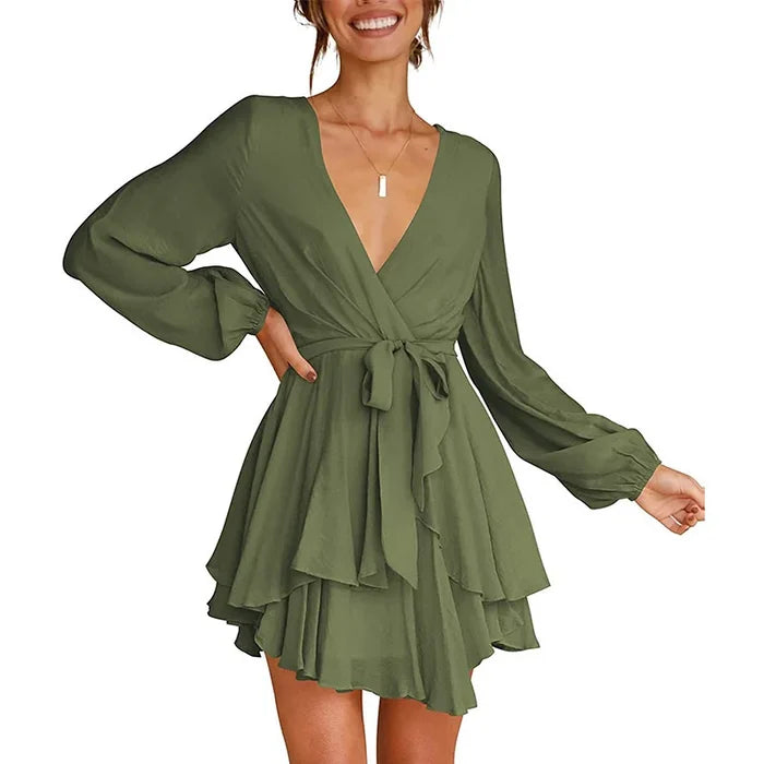 Cléo Robe Femme Courte – Robe Évasée avec Col en V, Ceinture & Manches Longues