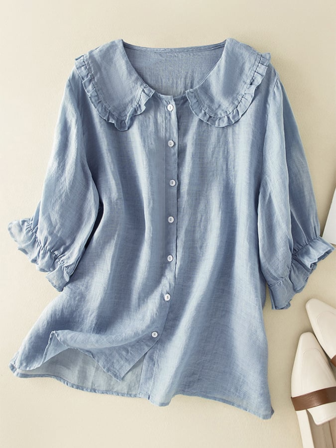 Camicetta da donna Jillian - Camicia ampia in cotone e lino con elegante colletto alla Peter Pan con volant