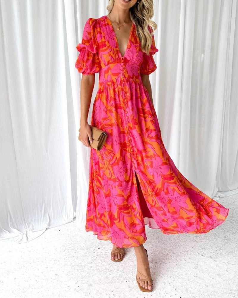 Abito classico da donna Dorothy – Scollo a V e maniche a sbuffo in elegante rosso rosa