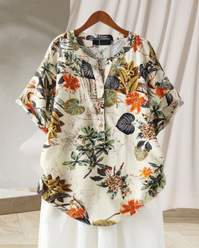 T-shirt da donna Elisse – T-shirt casual con stampa floreale, mix di cotone e lino e dettaglio nodo