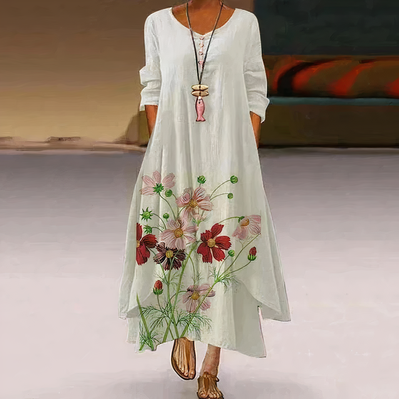 Abito lungo da donna Tania - Elegante abito floreale con ricami e spacchi per un look estivo