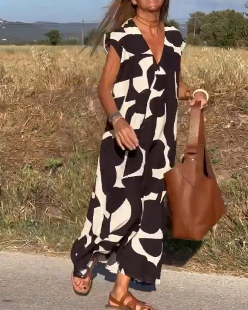 Abito ampio da donna Sita - Stampa astratta in bianco e nero con scollatura a V profonda