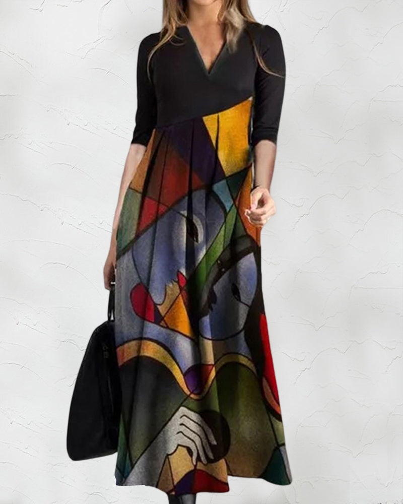 Robe Femme Nina – Robe Évasée Élégante à Manches Longues avec Motif Color Block & Plis Raffinés