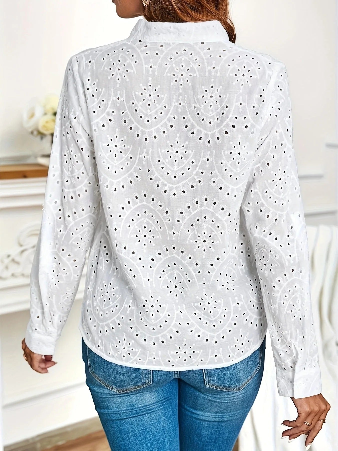 Clyde Blouse Femme – Haut Léger à Manches Longues avec Détails Ajourés & Coupe Droite