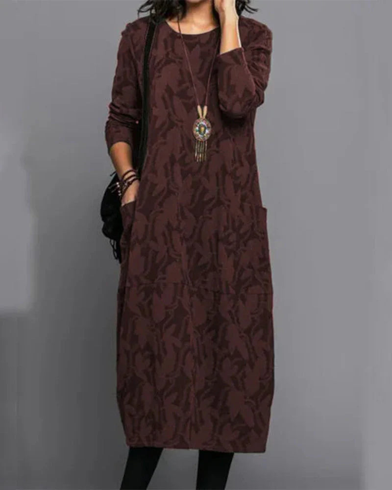 Isabella Robe Longue Femme – Robe Confortable en Polaire avec Manches Longues, Poches et Motif Floral Tendance