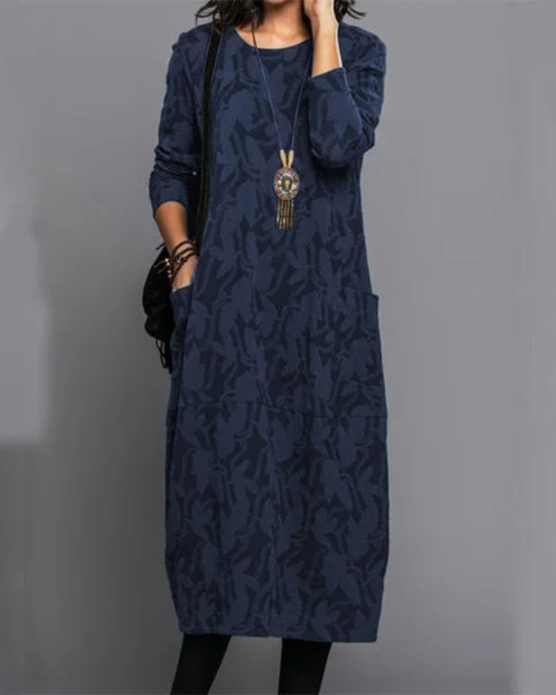Isabella Robe Longue Femme – Robe Confortable en Polaire avec Manches Longues, Poches et Motif Floral Tendance