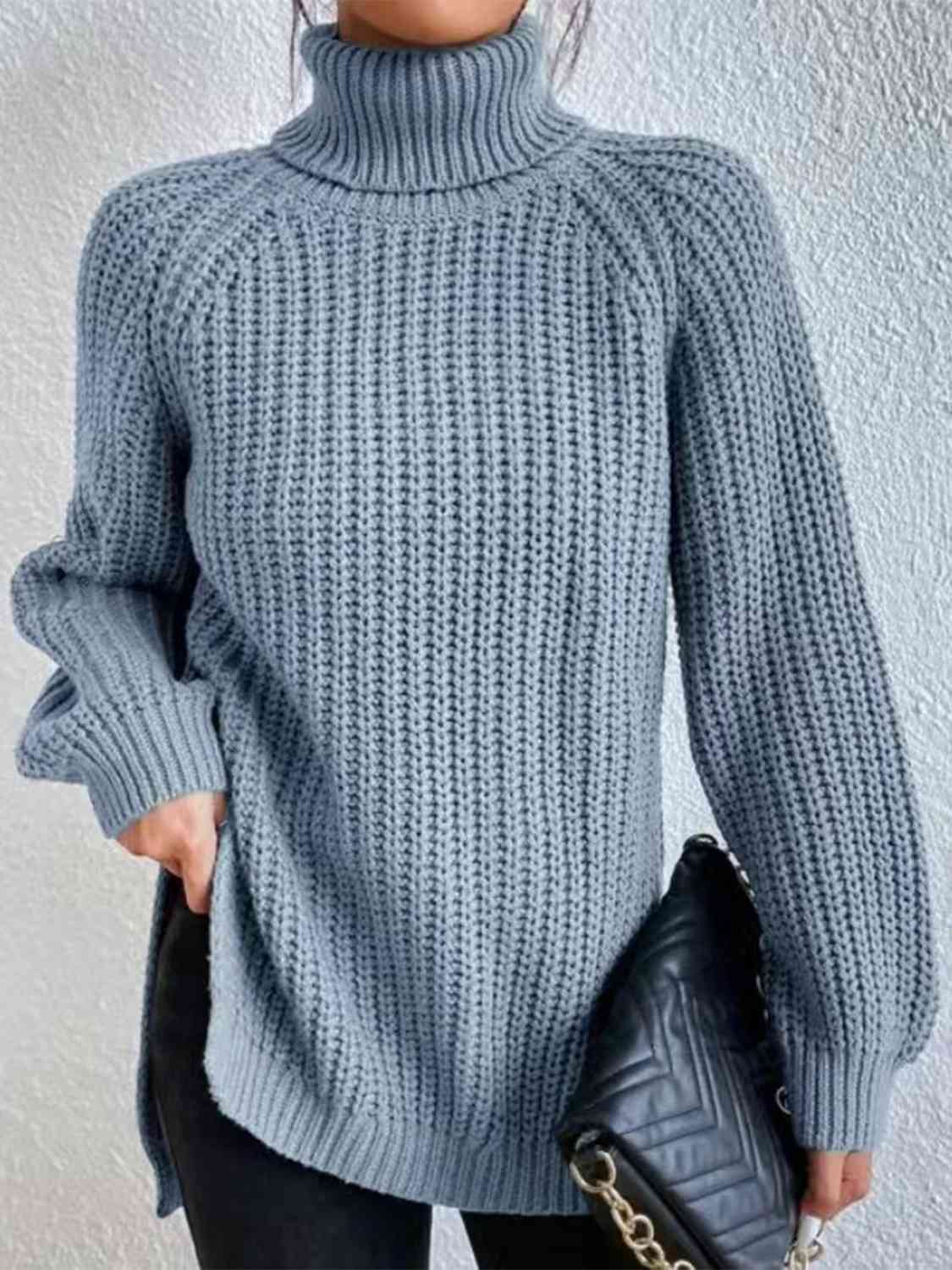Angela Pull Femme – Pull à Col Roulé Côtelé avec Fente Latérale Chic pour Automne/Hiver Élégant