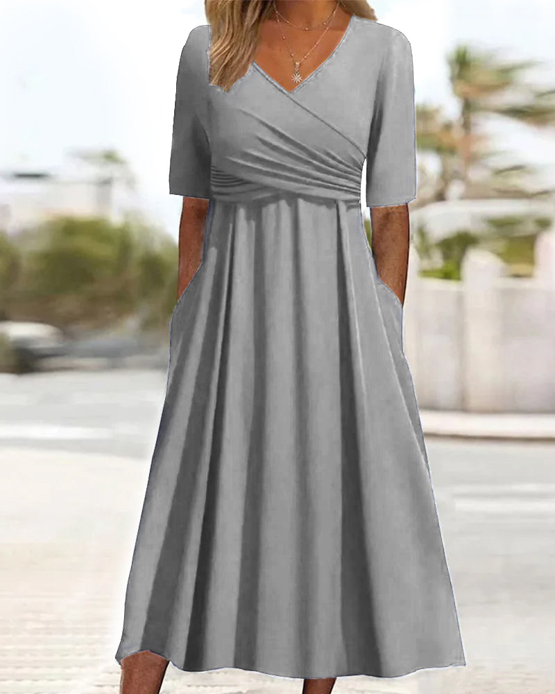 Abito midi da donna Marley - Abito in cotone a trapezio con scollo a V, pieghe e tasche per tutte le occasioni