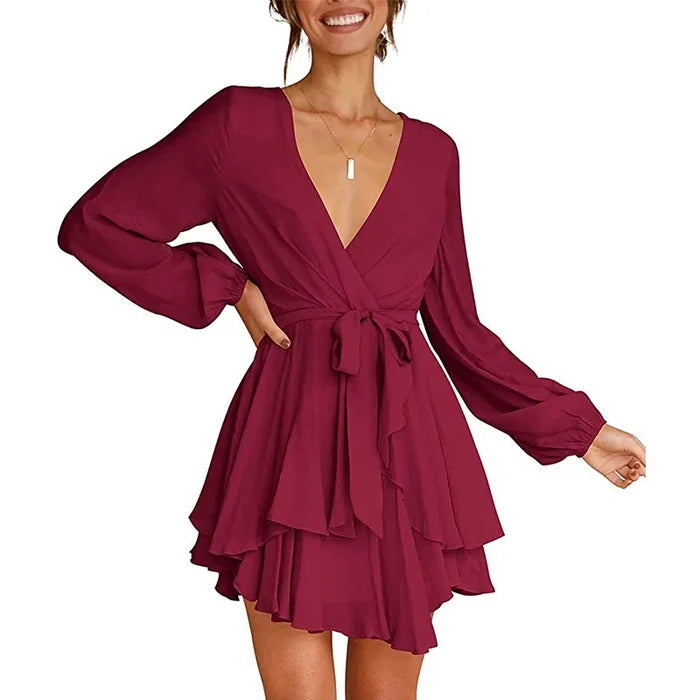 Cléo Robe Femme Courte – Robe Évasée avec Col en V, Ceinture & Manches Longues