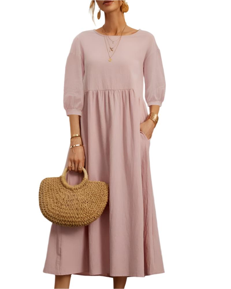 Abito midi da donna Flore - Cotone e lino traspirante, scollo rotondo, maniche a lanterna, comfort estivo 