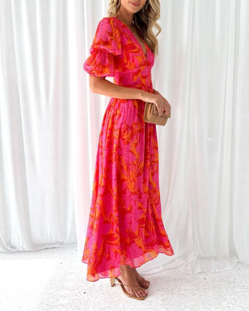 Abito classico da donna Dorothy – Scollo a V e maniche a sbuffo in elegante rosso rosa