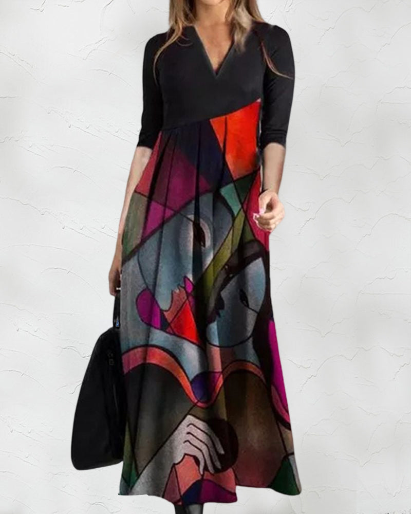 Robe Femme Nina – Robe Évasée Élégante à Manches Longues avec Motif Color Block & Plis Raffinés
