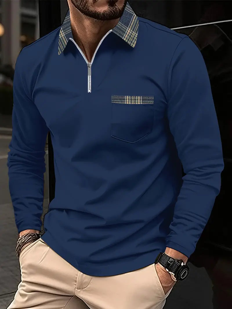 Polo a maniche lunghe Frank – Colletto con cerniera e motivo a quadri, eleganza e comfort per uomo