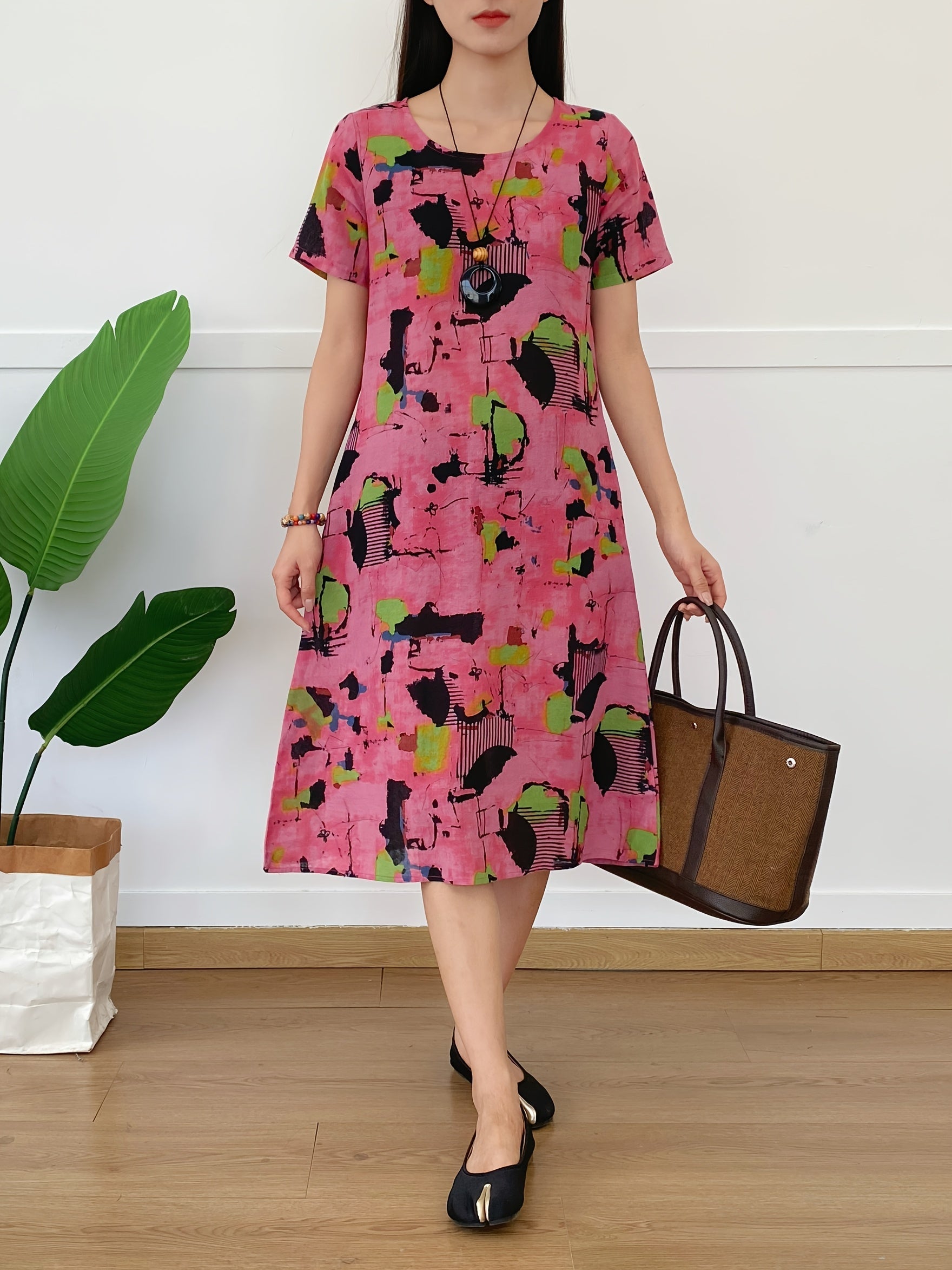 Robe d'Été Joy pour Femme – Robe Midi Aérienne en Lin Mélangé avec Col Rond et Poches