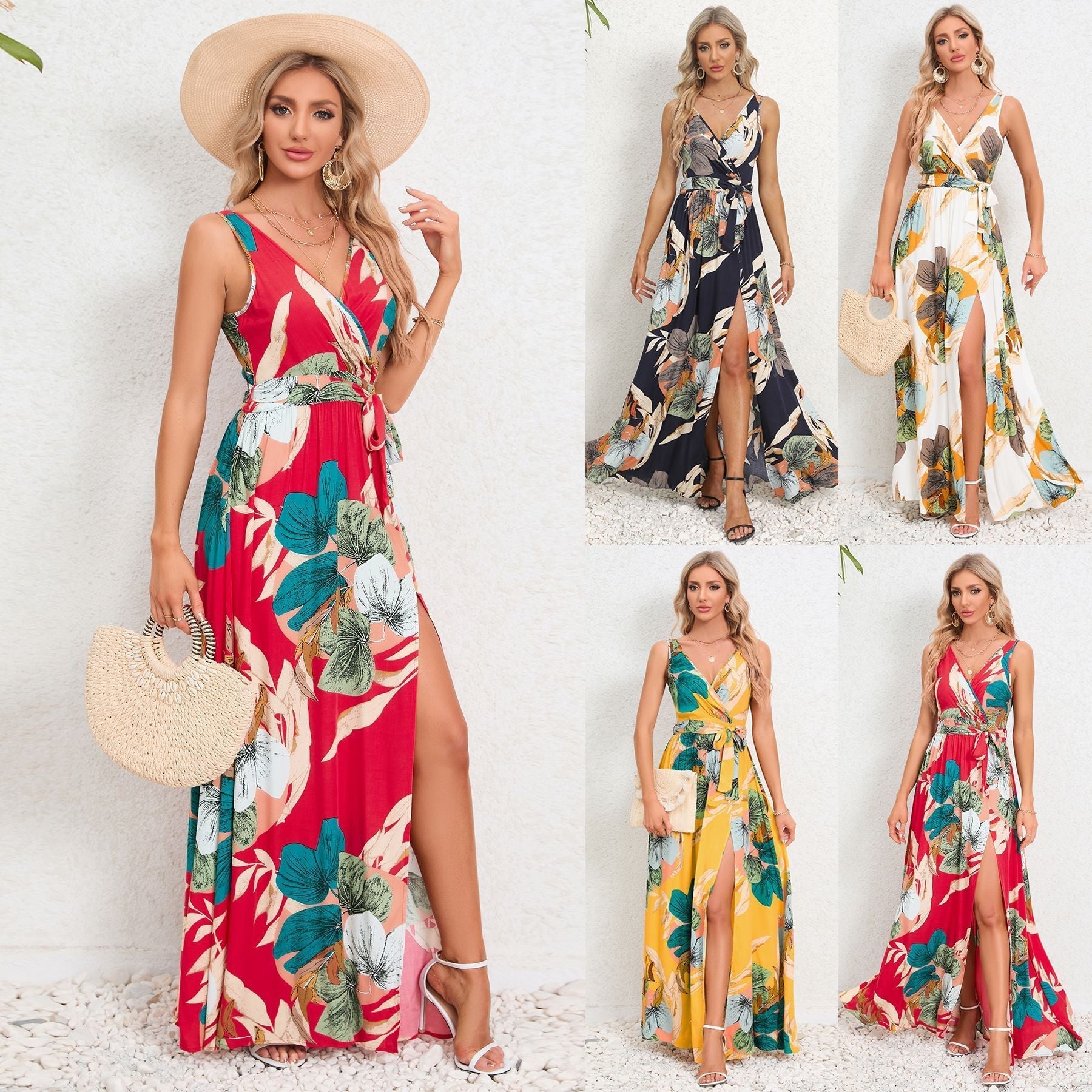 Abito lungo da donna Shirley - Abito floreale con scollo a V, cintura ed elegante spacco