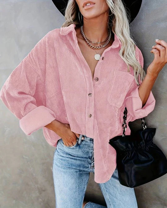 Ainsley Chemise Femme – Chemise Vintage Décontractée en Velours Côtelé Doux avec Poche Poitrine