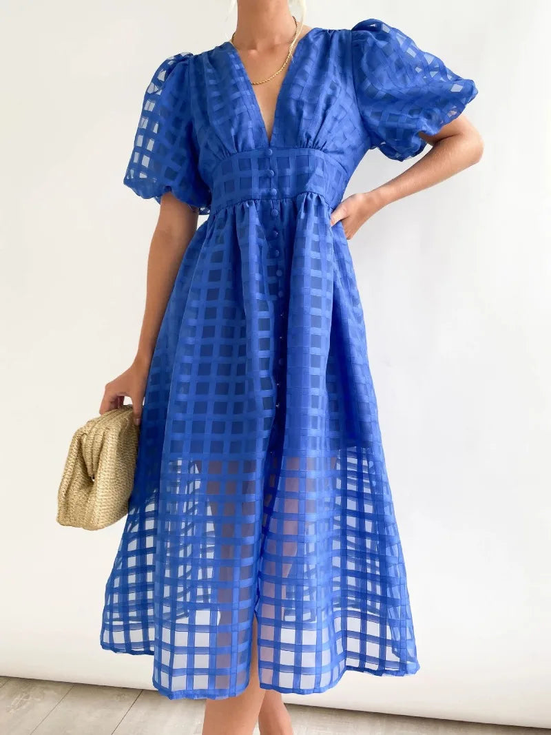 Abito midi da donna Mylene - Elegante abito a quadri con volume e colori vivaci