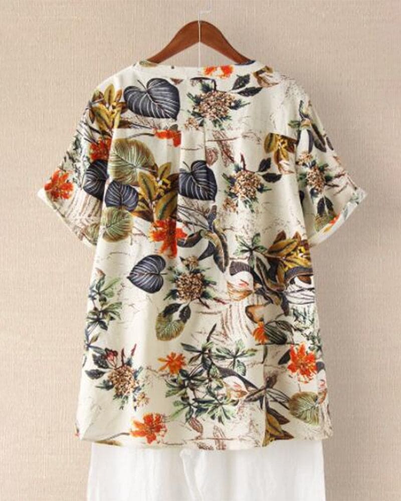 T-shirt da donna Elisse – T-shirt casual con stampa floreale, mix di cotone e lino e dettaglio nodo