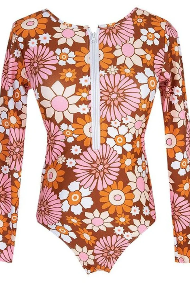 Costume intero da donna Laila - Costume da bagno floreale a maniche lunghe con cerniera frontale