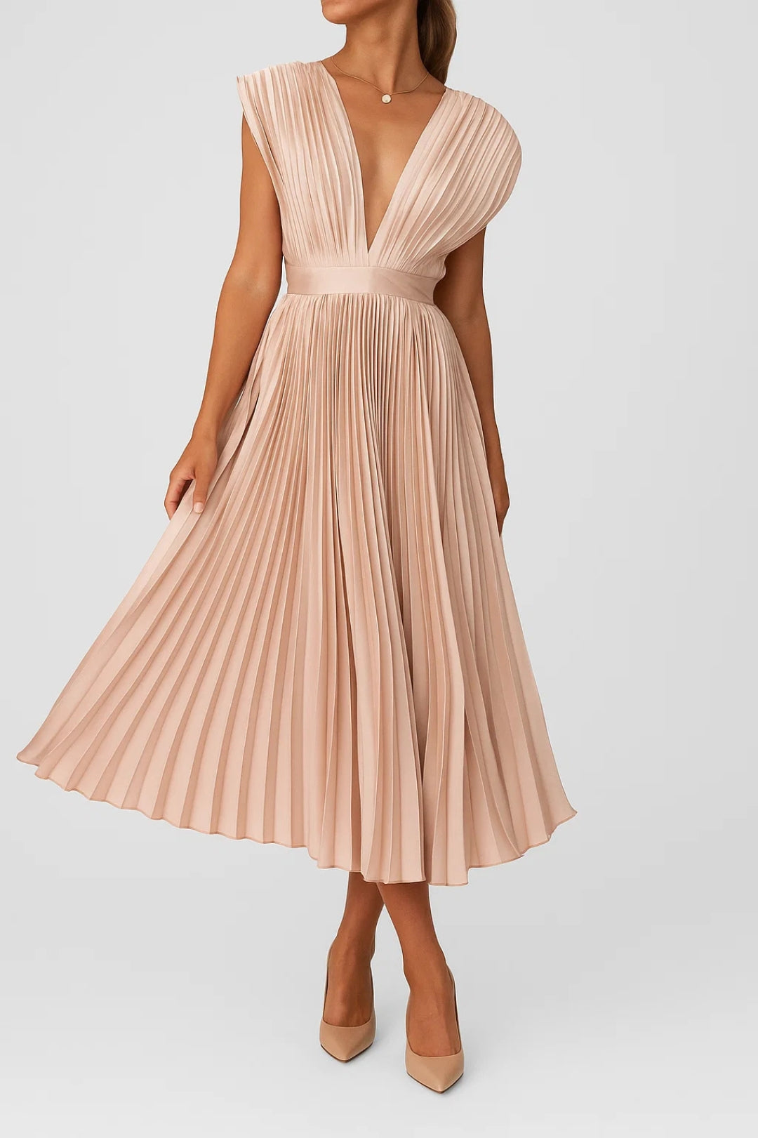 Abito da donna Xiomara – Elegante abito midi plissettato con scollo a V e vita stretta