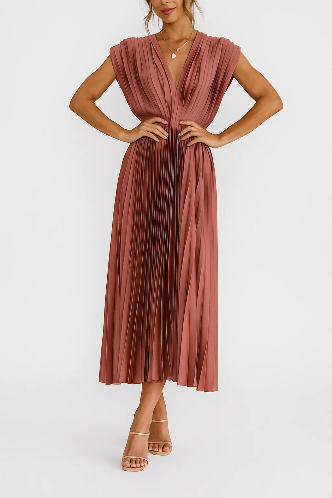 Abito da donna Xiomara – Elegante abito midi plissettato con scollo a V e vita stretta