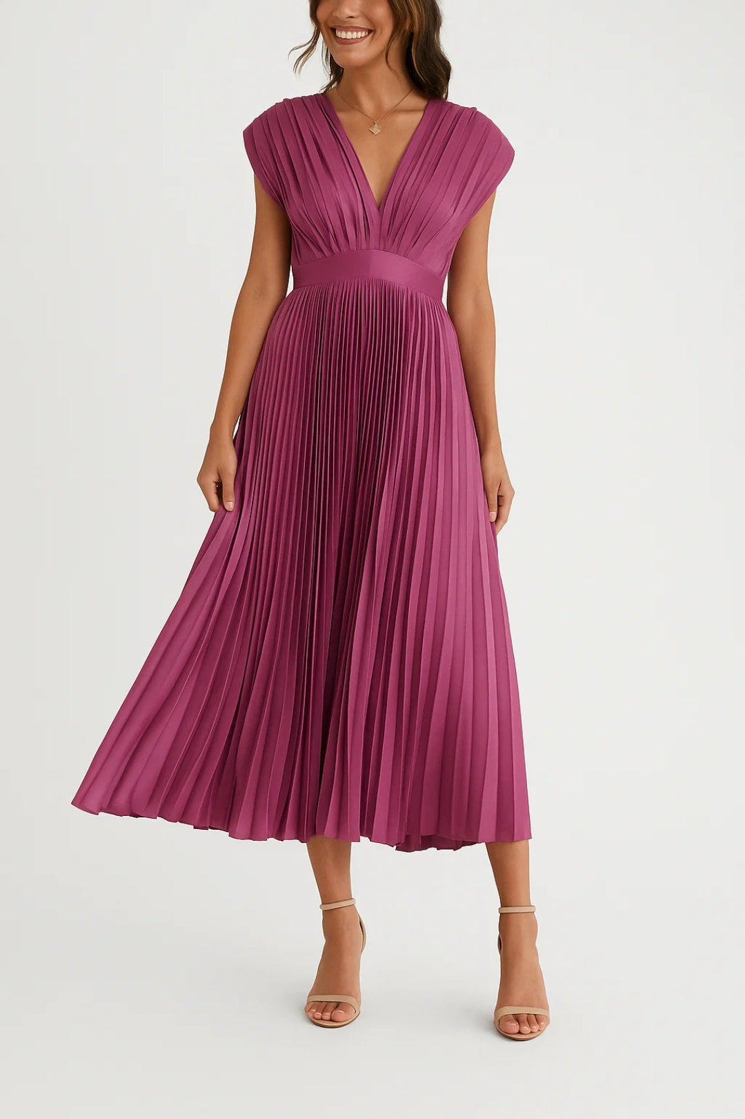 Abito da donna Xiomara – Elegante abito midi plissettato con scollo a V e vita stretta