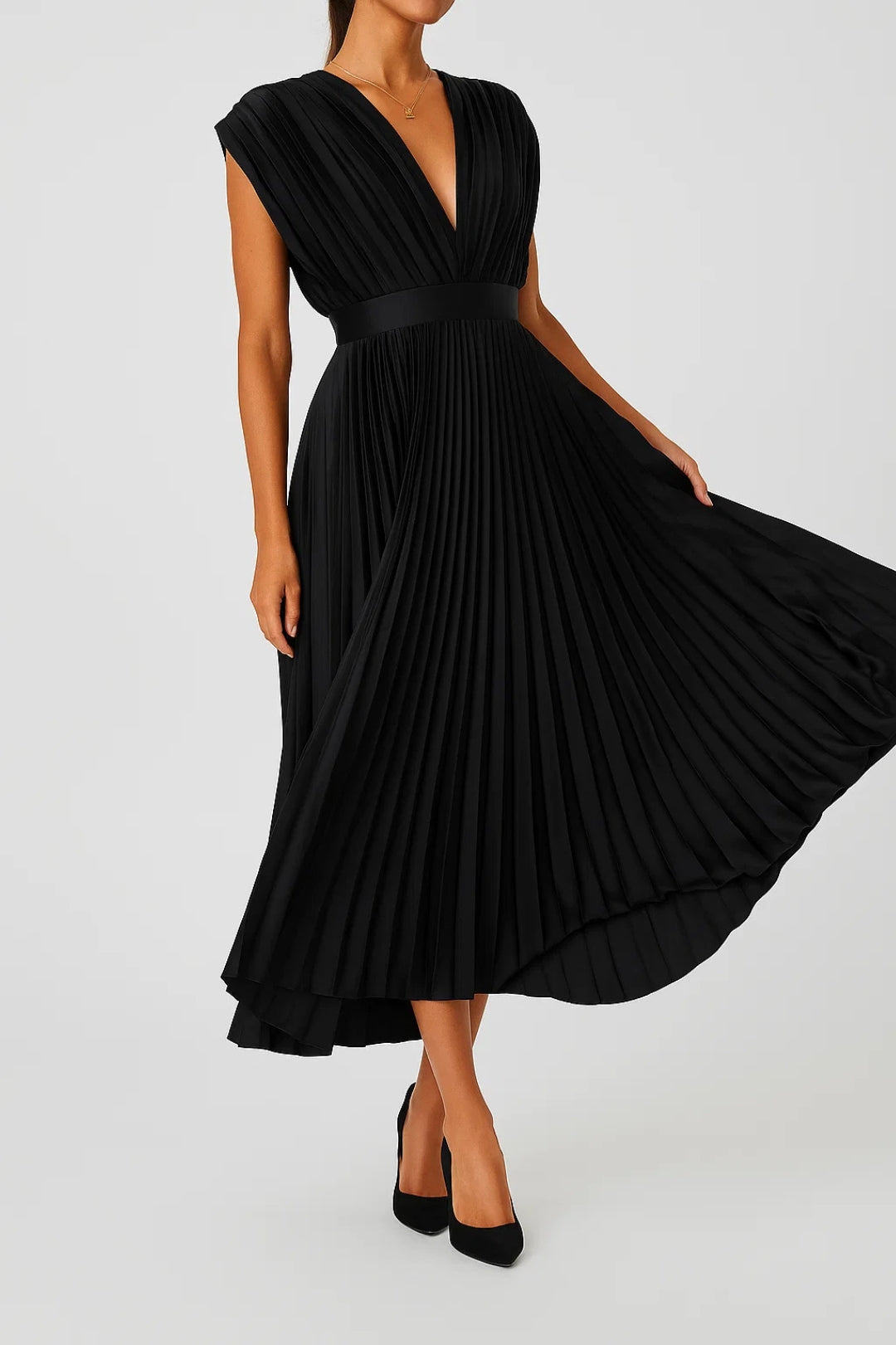 Abito da donna Xiomara – Elegante abito midi plissettato con scollo a V e vita stretta