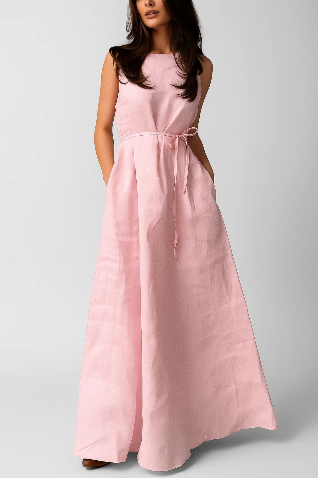 Arielle Robe Femme – Robe Longue en Lin avec Ceinture Fine à la Taille & Tissu Léger Estival