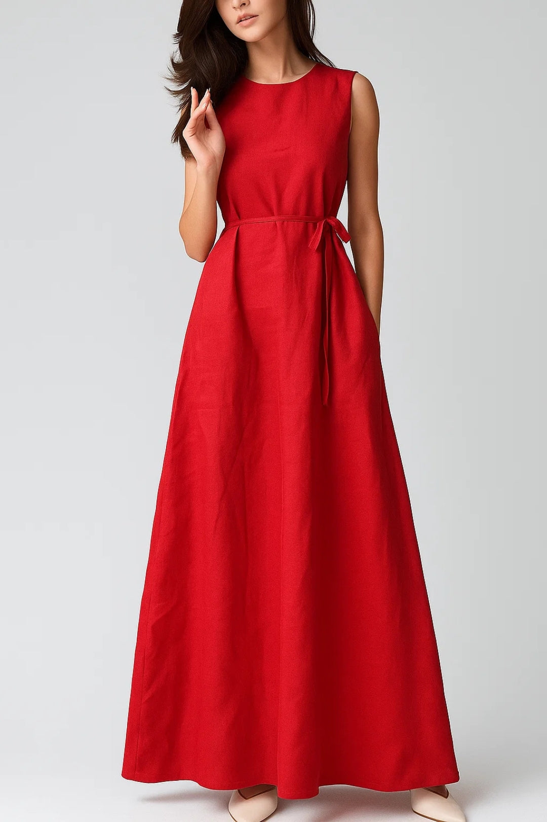 Arielle Robe Femme – Robe Longue en Lin avec Ceinture Fine à la Taille & Tissu Léger Estival
