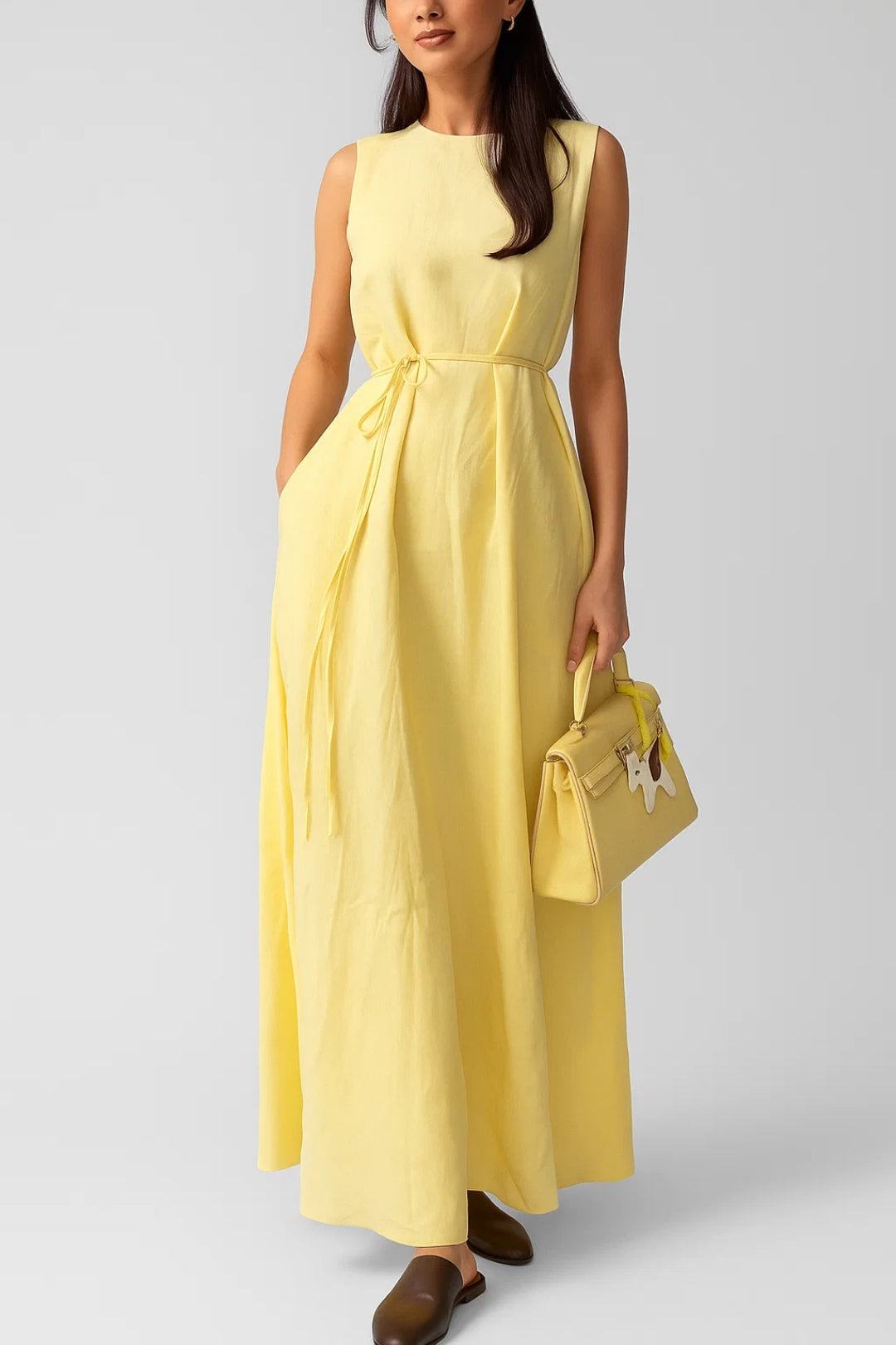 Arielle Robe Femme – Robe Longue en Lin avec Ceinture Fine à la Taille & Tissu Léger Estival