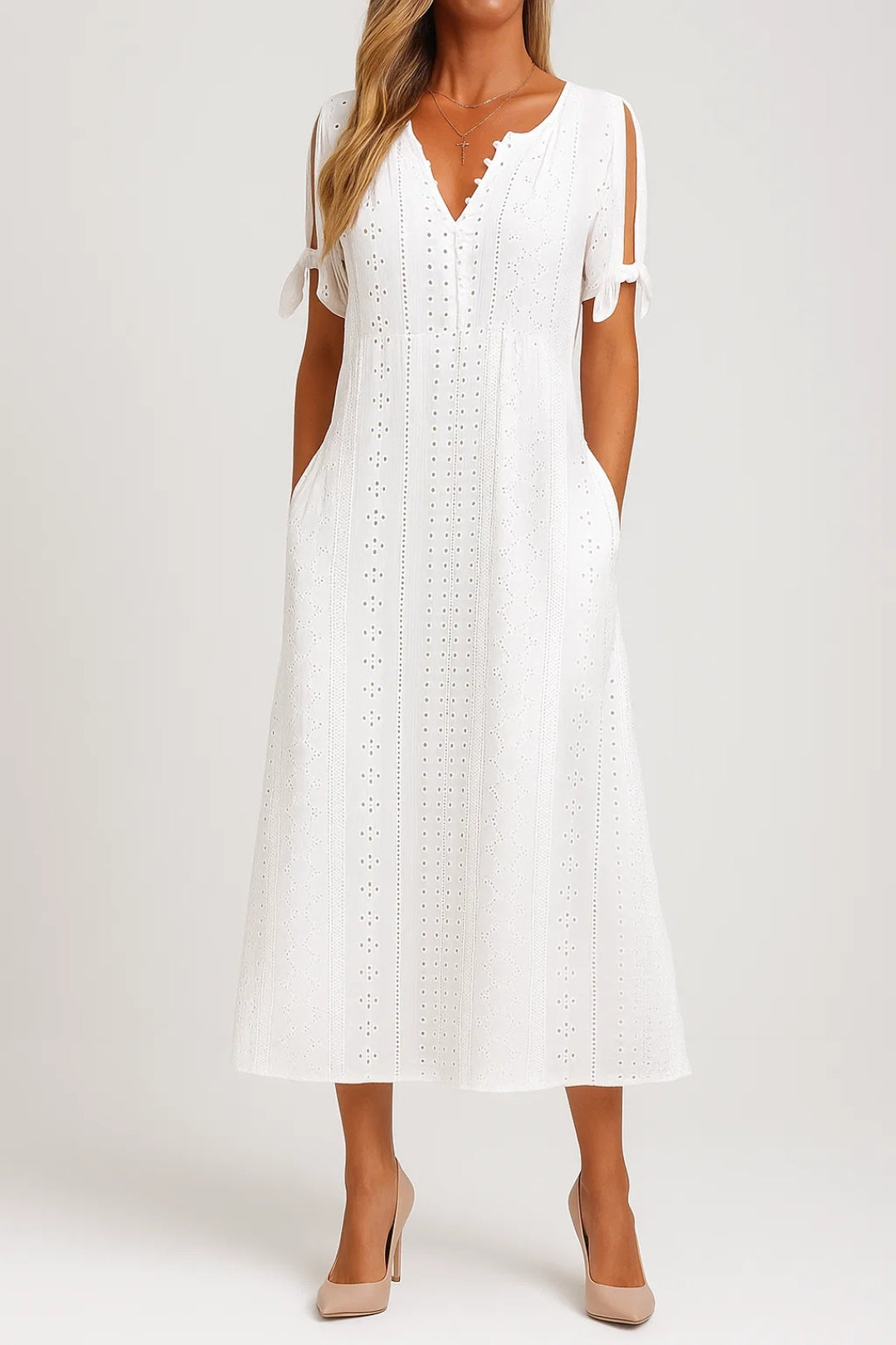Abito da donna Meredith - Abito midi in cotone ricamato con maniche a fiocco e scollo a V smerlé 