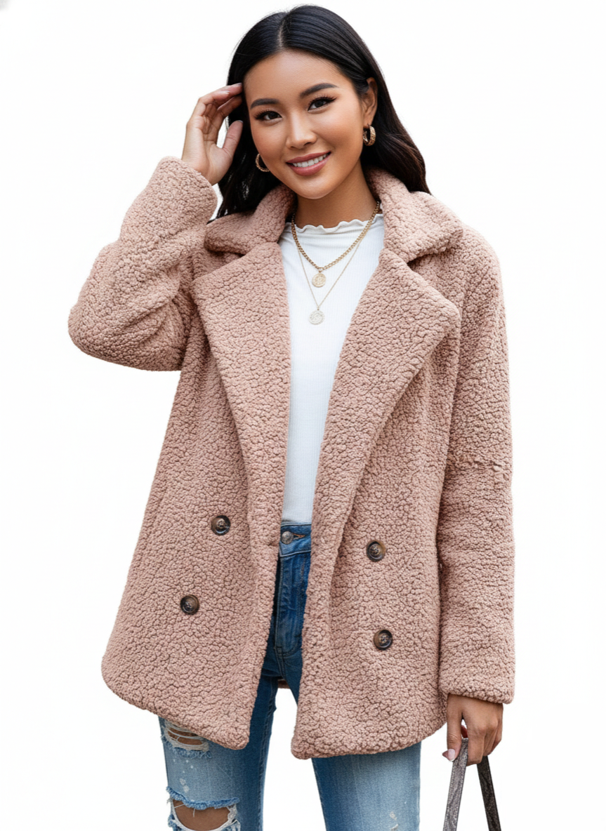 Alina Manteau Teddy Női – Puha Kétoldalas Kabát Fordított Gallérral és Gombos Zárral