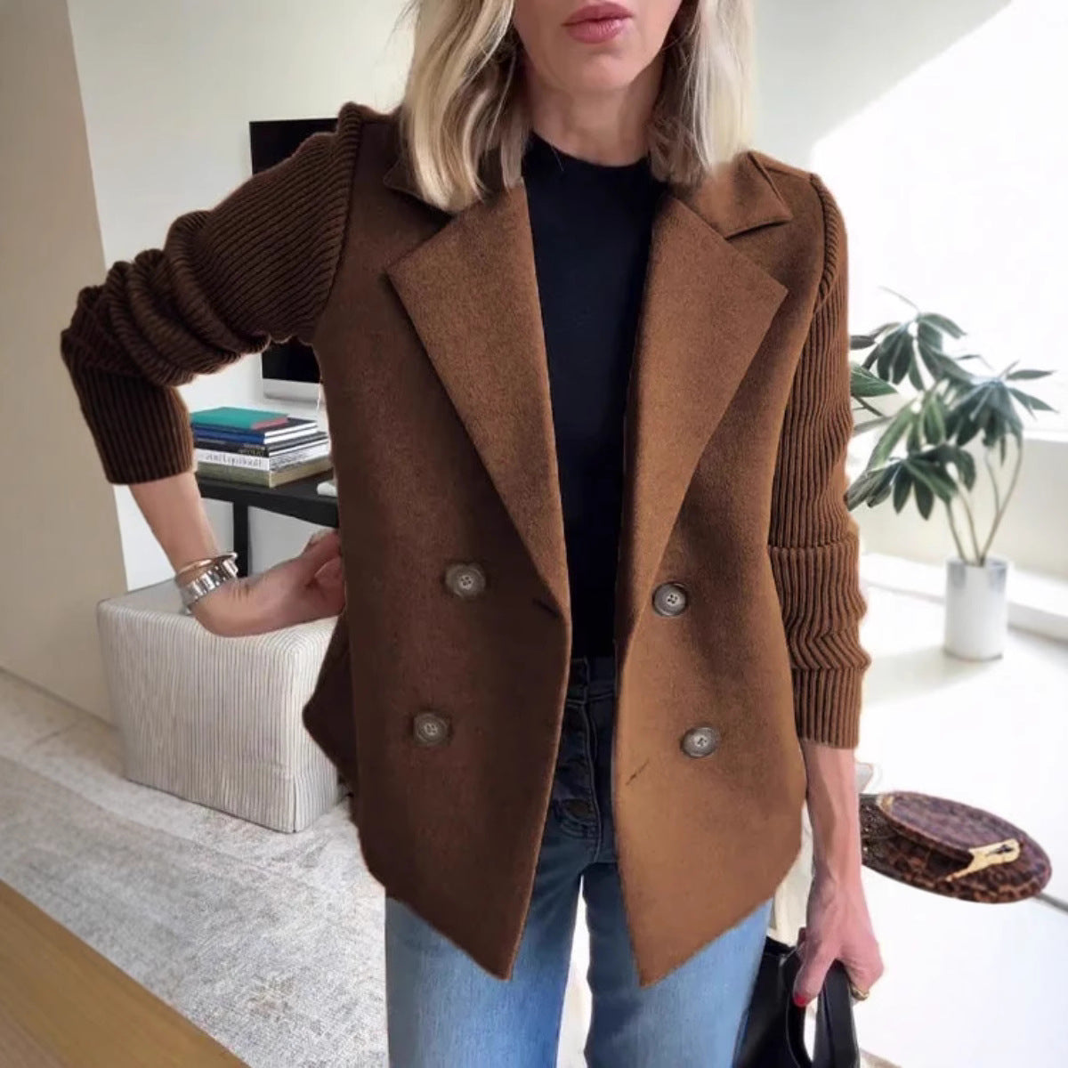 Elena Manteau Oversize Femme – Manteau Laine Double-Boutonnage avec Manches Côtelées Élégantes