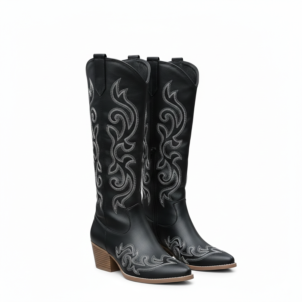 Botas de Vaqueira Anneza para Mulher – Botas Ocidentais Altas Bordadas com Cano Flexível