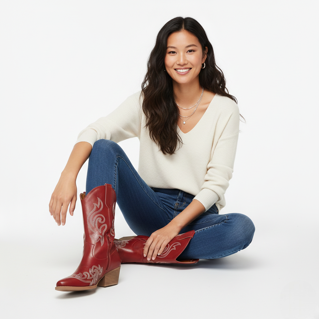 Anneza Čizme Kaubojke Ženske – Visoke Zapadne Čizme Izvezene s Mekim Gornjim Dijelom