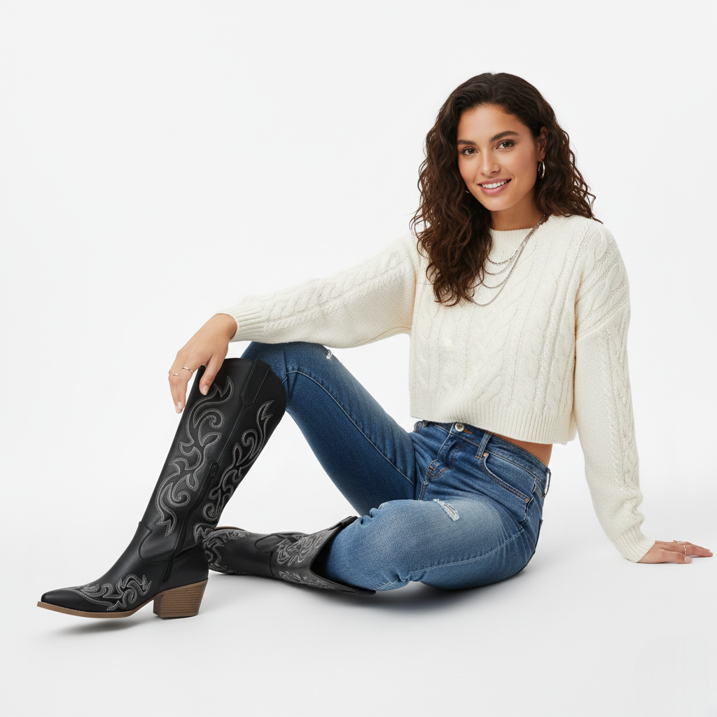 Anneza Čizme Kaubojke Ženske – Visoke Zapadne Čizme Izvezene s Mekim Gornjim Dijelom