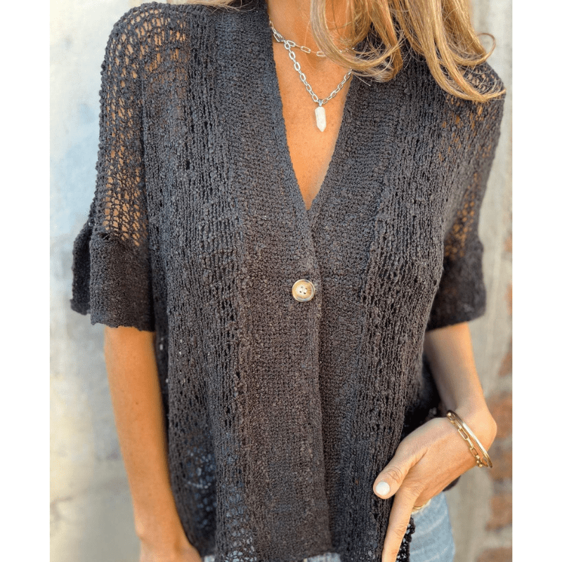 Annie Top Léger Texturé Femme – Maille Ouverte, Manches Courtes et Fermeture à Boutons par Looksy