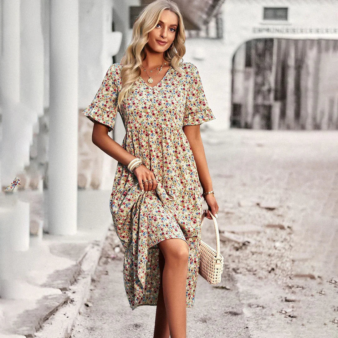 Abito midi da donna Celia - Abito floreale bohémien con taglio leggero e stile elegante