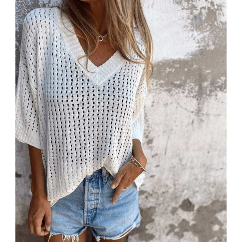 Aria Top Léger à Motifs Ajourés Femme – Coupe Fluide, Manches 3/4 et Design Respirant par Looksy
