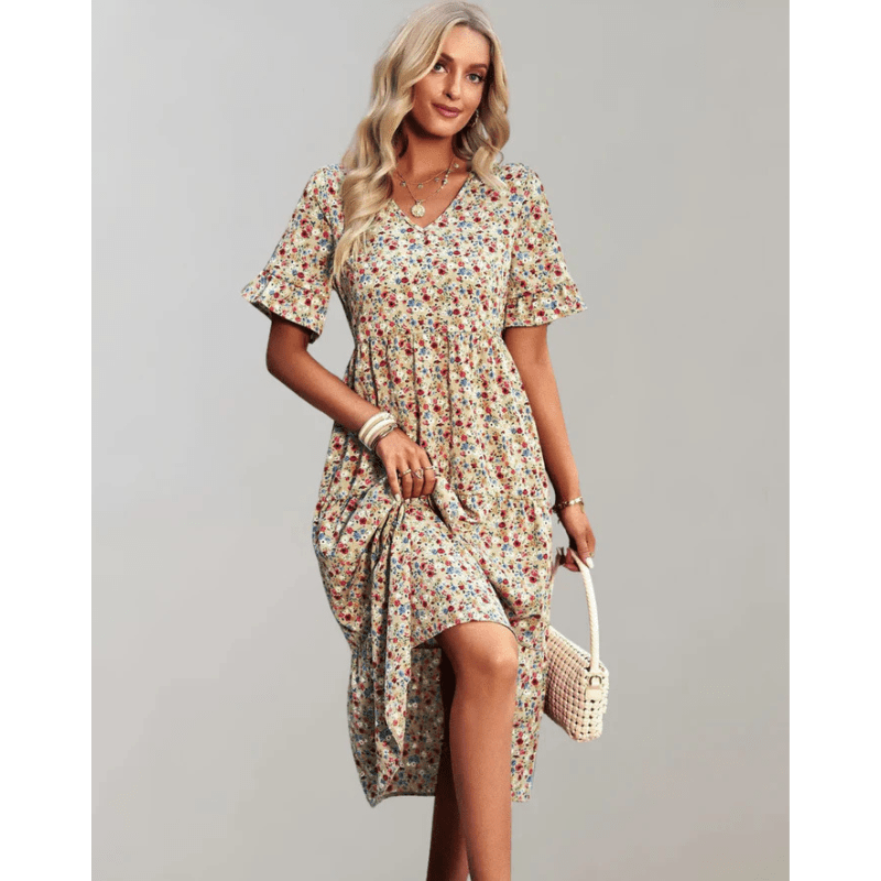 Bianka Robe Mi-Longue Florale Femme – Coupe Fluide, Manches Volantes et Tissu Léger par Looksy