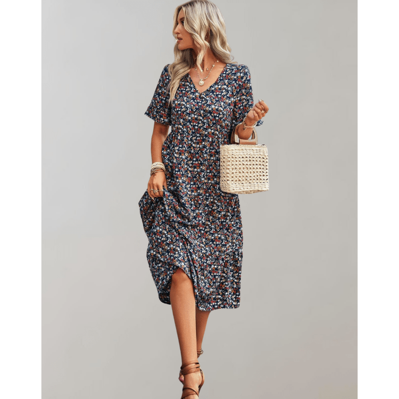 Bianka Robe Mi-Longue Florale Femme – Coupe Fluide, Manches Volantes et Tissu Léger par Looksy