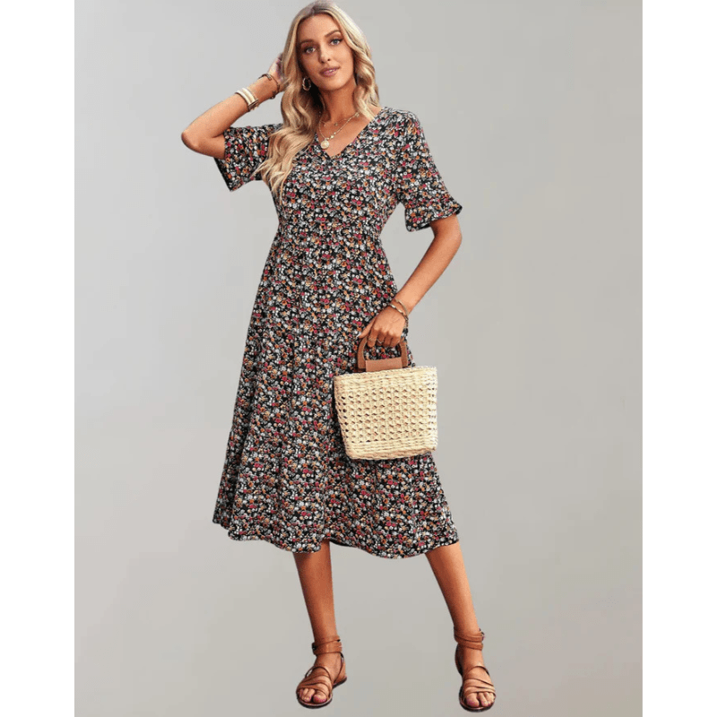 Bianka Robe Mi-Longue Florale Femme – Coupe Fluide, Manches Volantes et Tissu Léger par Looksy