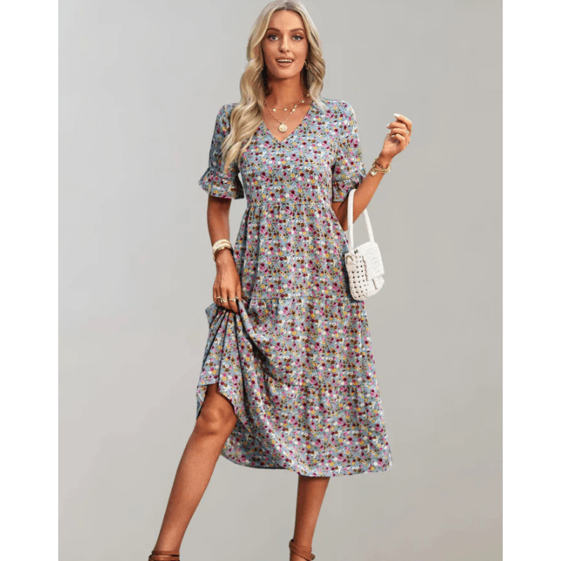 Bianka Robe Mi-Longue Florale Femme – Coupe Fluide, Manches Volantes et Tissu Léger par Looksy