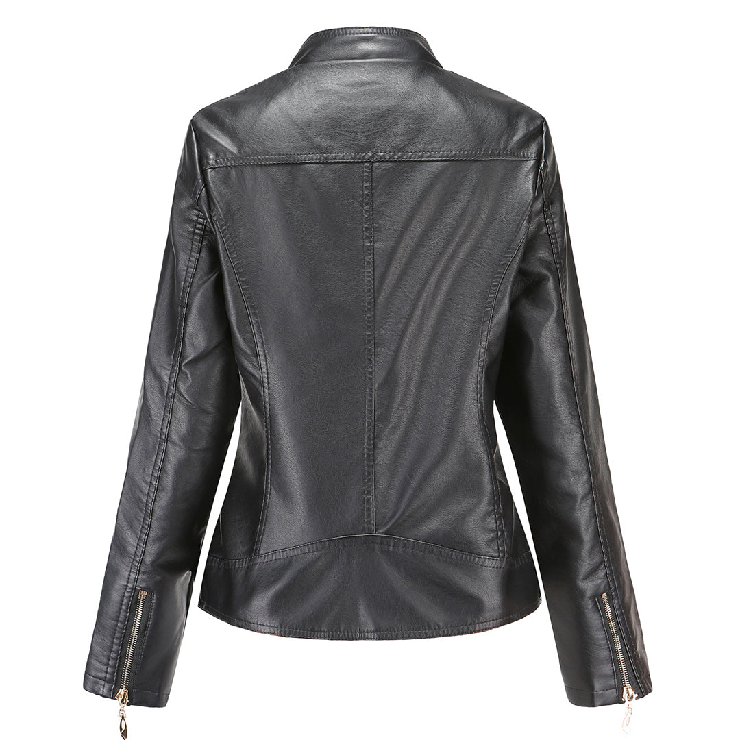 Janiyah Veste Femme en Cuir – Col Montant Chic, Fermetures Éclair & Style Moderne Élégant