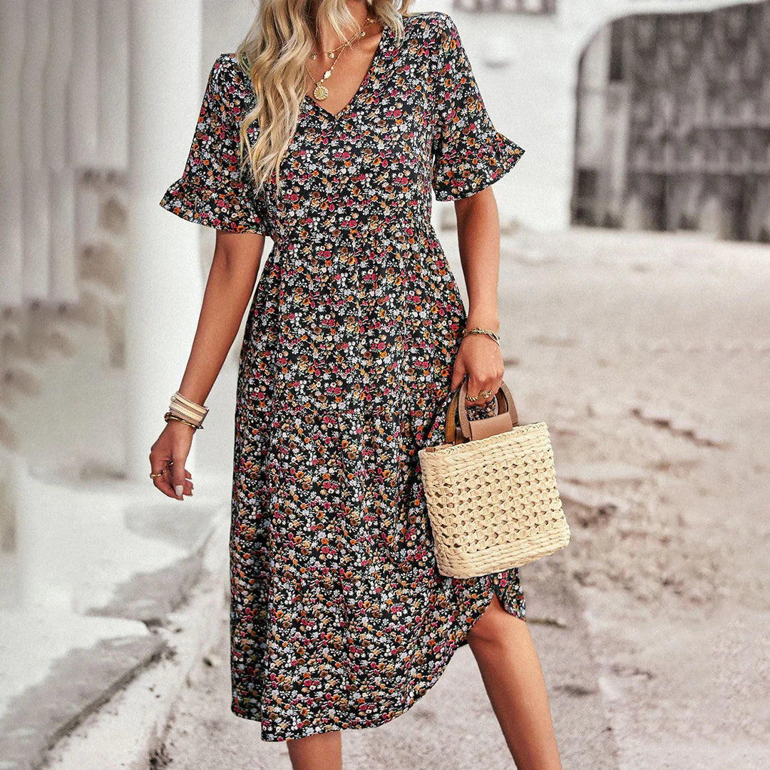Abito midi da donna Celia - Abito floreale bohémien con taglio leggero e stile elegante