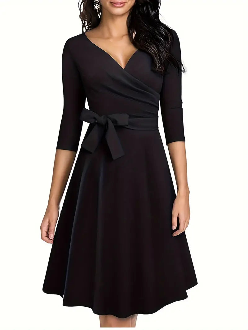 Robe d'Été Femme Maya – Robe Évasée Unie avec Manches 3/4 & Coupe Élégante pour l'Été