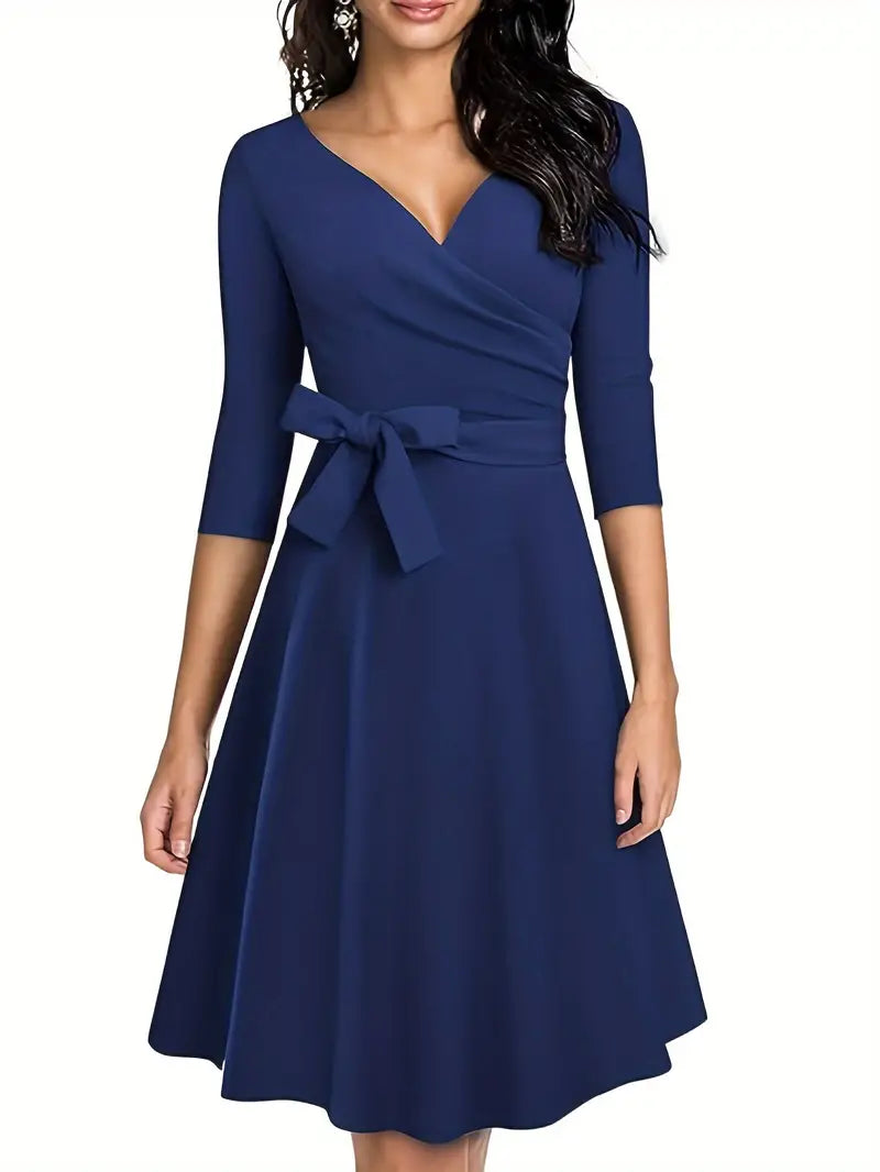 Robe d'Été Femme Maya – Robe Évasée Unie avec Manches 3/4 & Coupe Élégante pour l'Été
