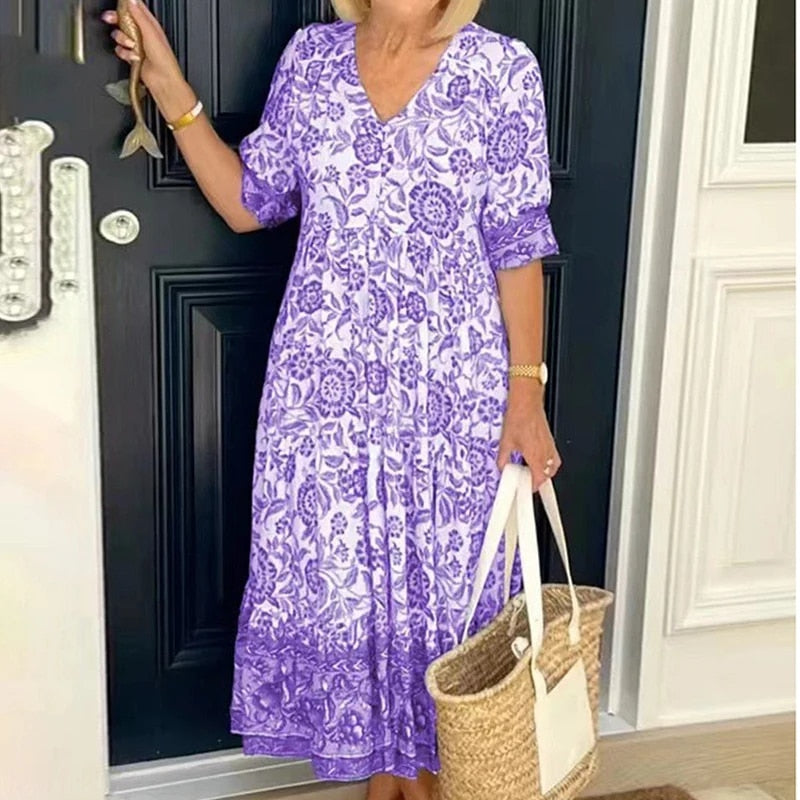 Abito lungo da donna Floresia - Elegante e comodo abito floreale con scollo a V per l'estate
